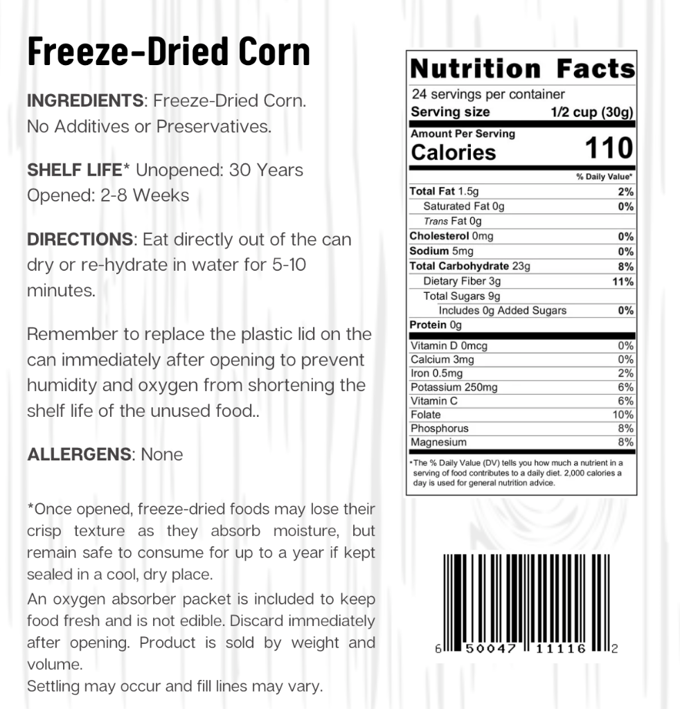 Ready Harvest Freeze-Dried Sweet Corn (30-Year Shelf Life)