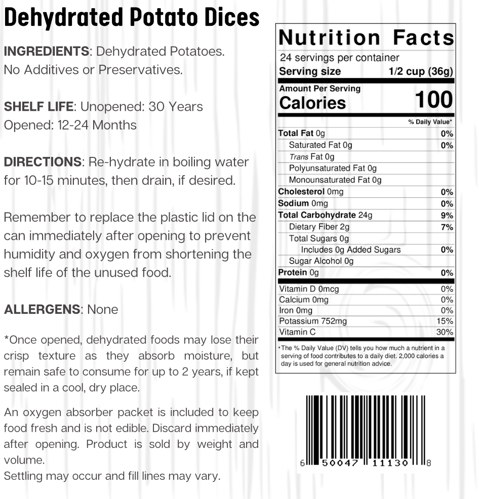 Ready Harvest Dehydrated Potato Dices (30-Year Shelf Life)