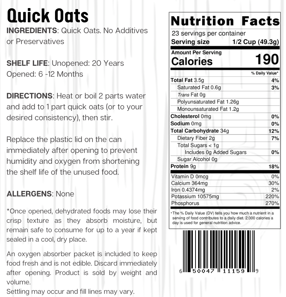 Ready Harvest Quick Oats (25-Year Shelf Life)