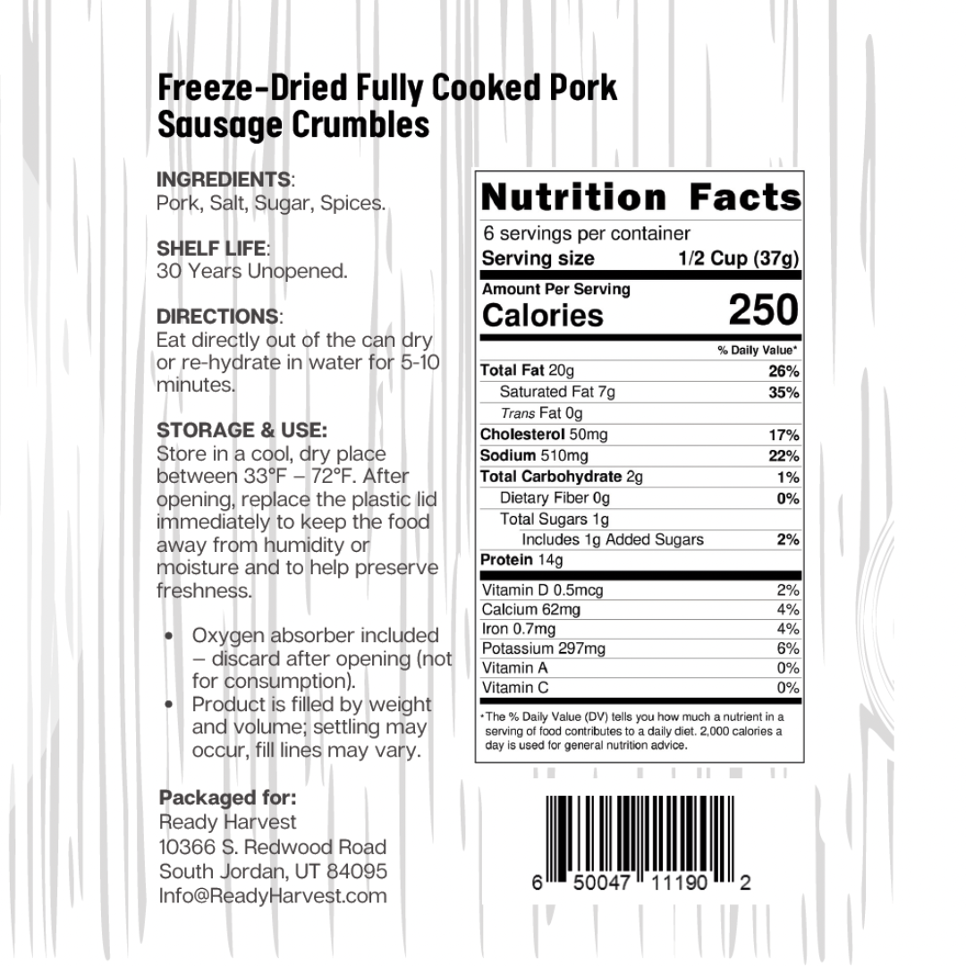 Ready Harvest Pantry Can – Freeze-Dried Fully Cooked Pork Sausage Crumbles (8.5 oz)