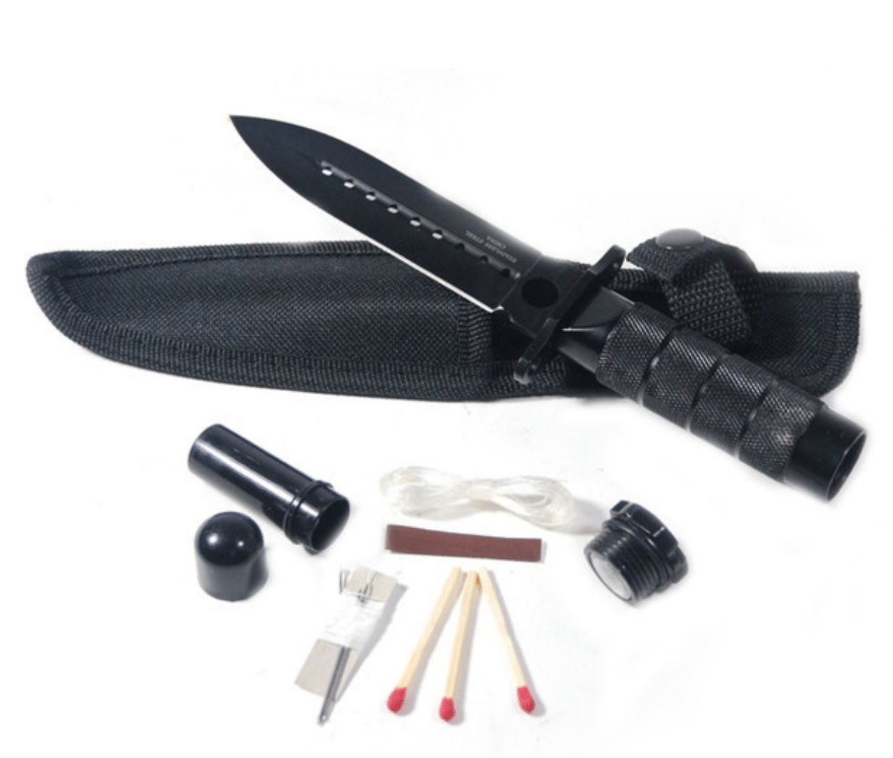 8" Stainless 440 Steel Black Hunting Knife (with Survival Kit and Pouch)