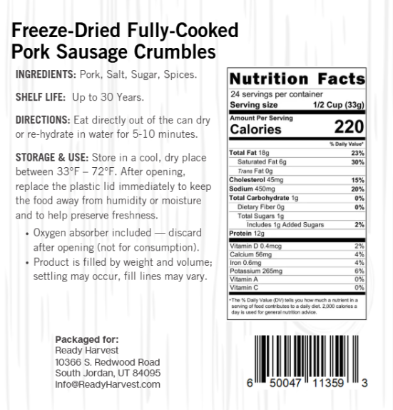 Ready Harvest Freeze-Dried Pork Sausage Crumbles (Fully Cooked)