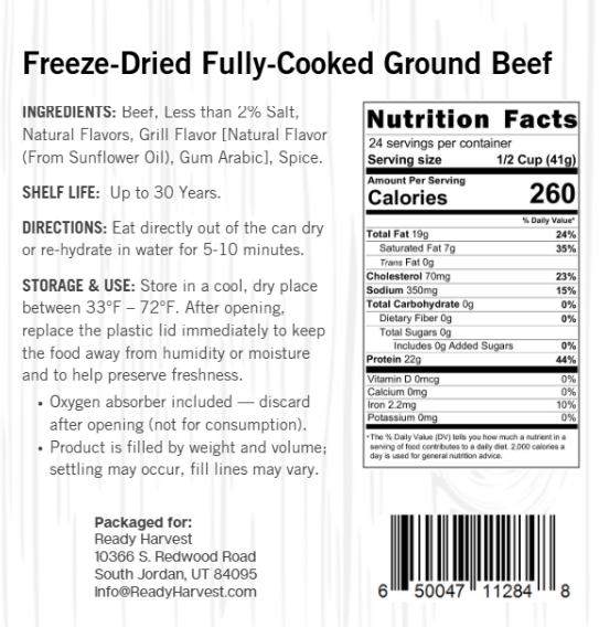 Ready Harvest Freeze-Dried Ground Beef (Fully Cooked)