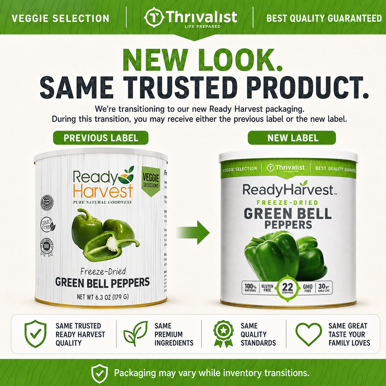 Ready Harvest Freeze-Dried Green Bell Peppers (30-Year Shelf Life)
