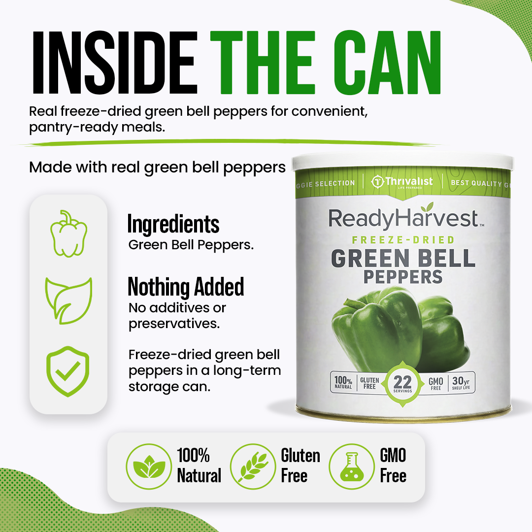 Ready Harvest Freeze-Dried Green Bell Peppers (30-Year Shelf Life)