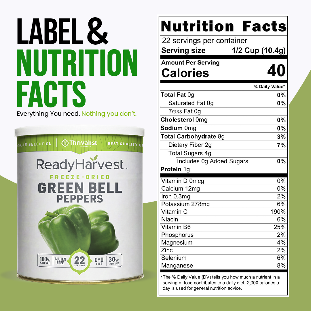 Ready Harvest Freeze-Dried Green Bell Peppers (30-Year Shelf Life)