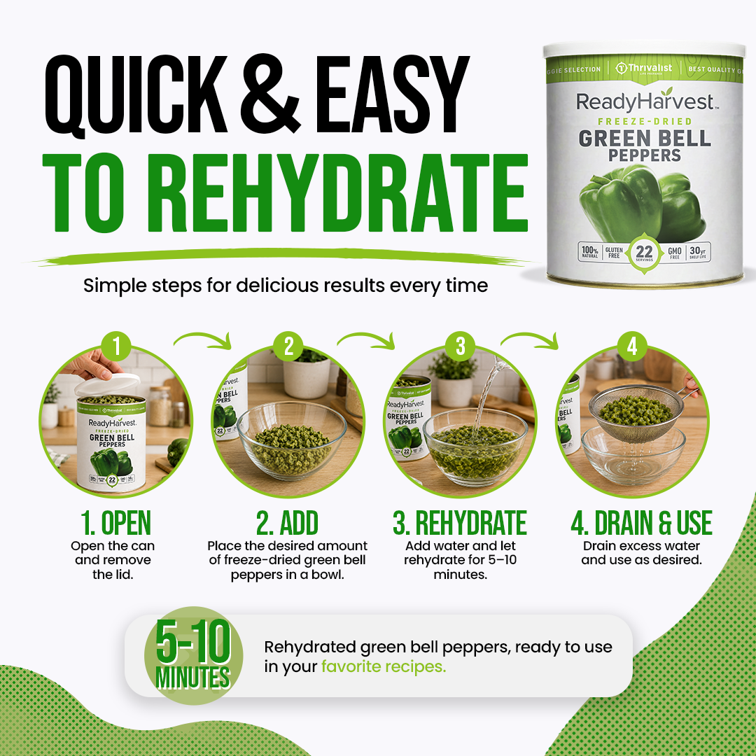 Ready Harvest Freeze-Dried Green Bell Peppers (30-Year Shelf Life)