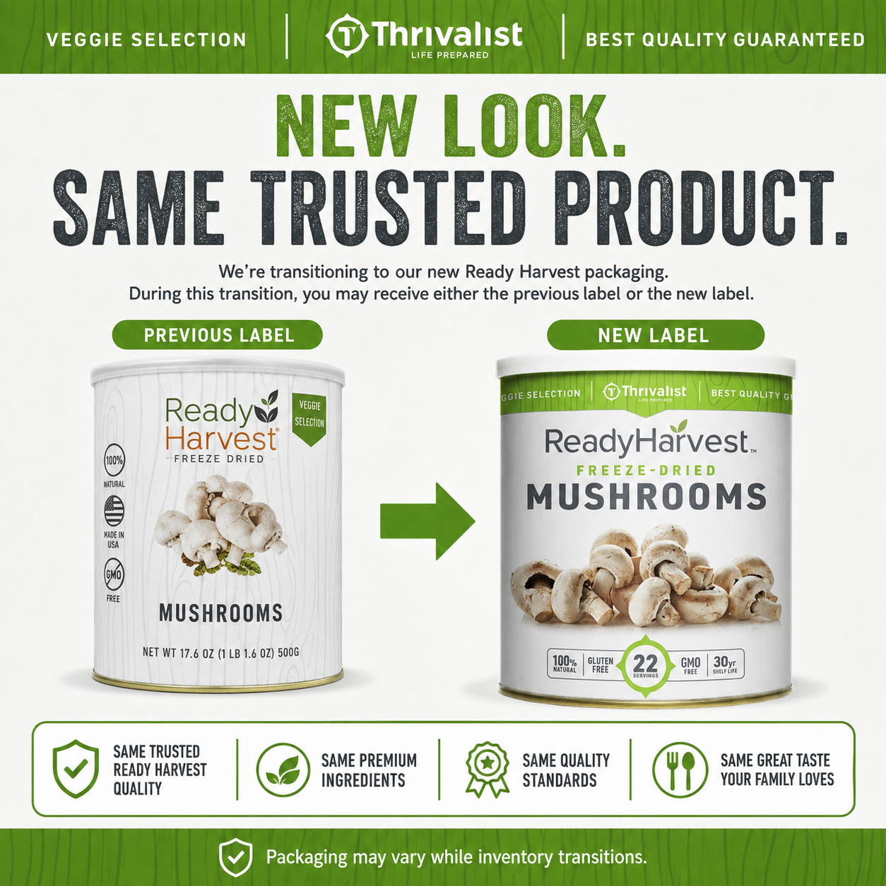 Ready Harvest Freeze-Dried Mushroom Slices (30-Year Shelf Life)