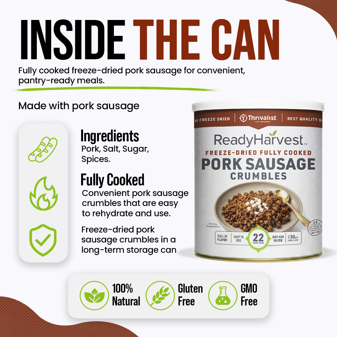 Ready Harvest Freeze-Dried Pork Sausage Crumbles (Fully Cooked)