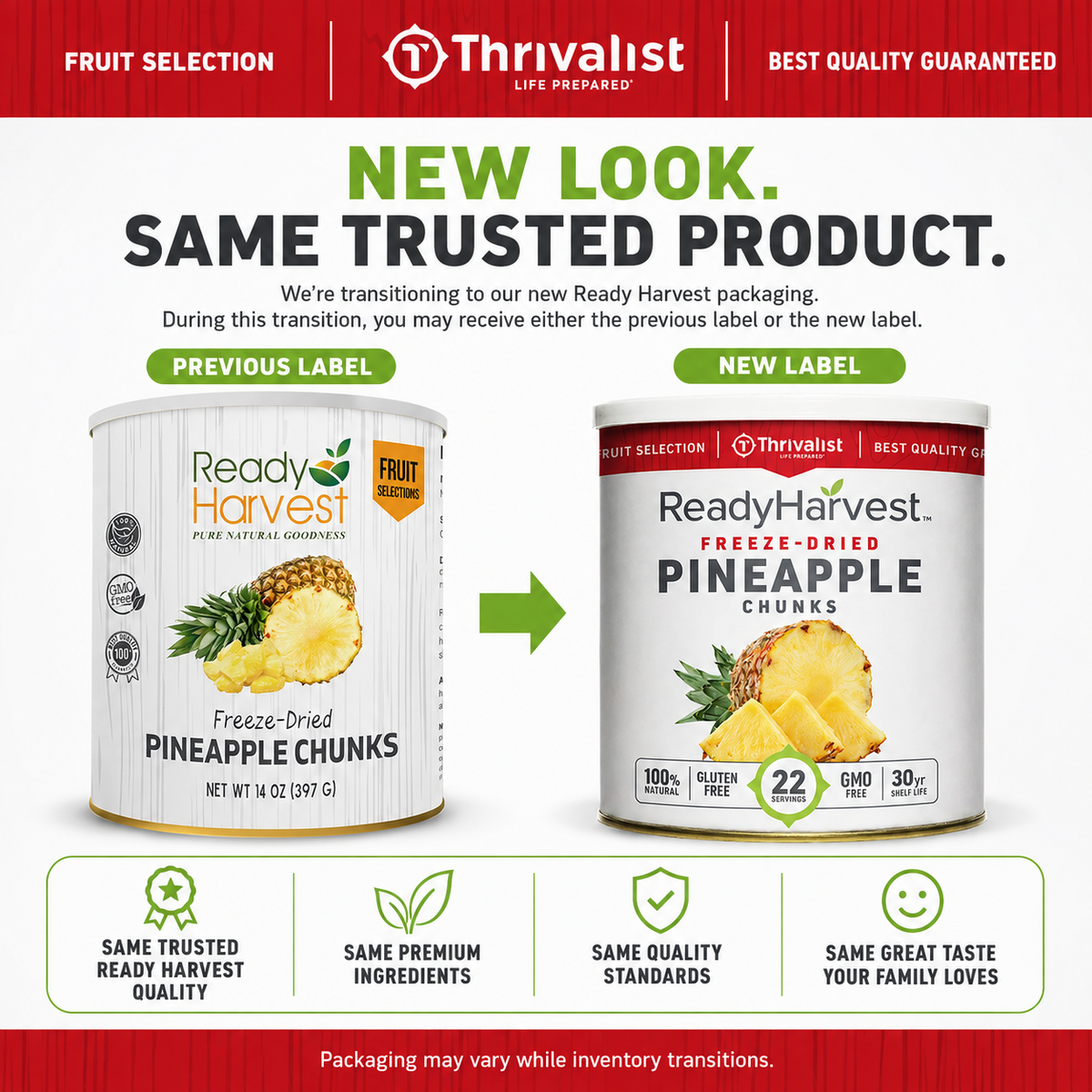 Ready Harvest Freeze-Dried Pineapple Chunks (30-Year Shelf Life)