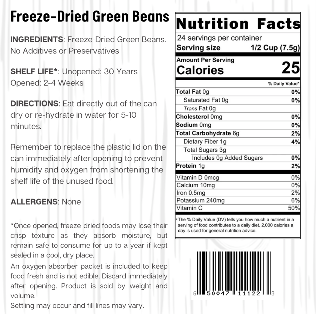 Ready Harvest Freeze-Dried Green Beans (30-Year Shelf Life)