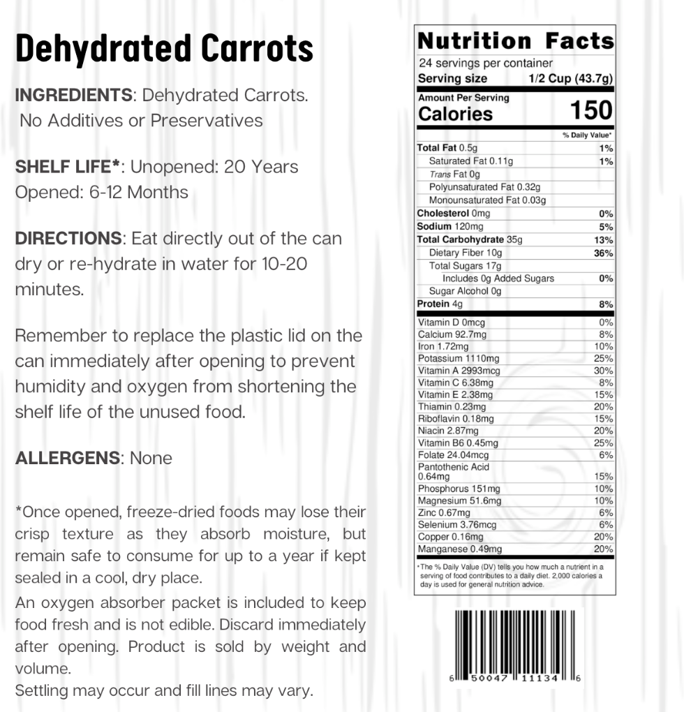 Ready Harvest Dehydrated Carrots (20-Year Shelf Life)