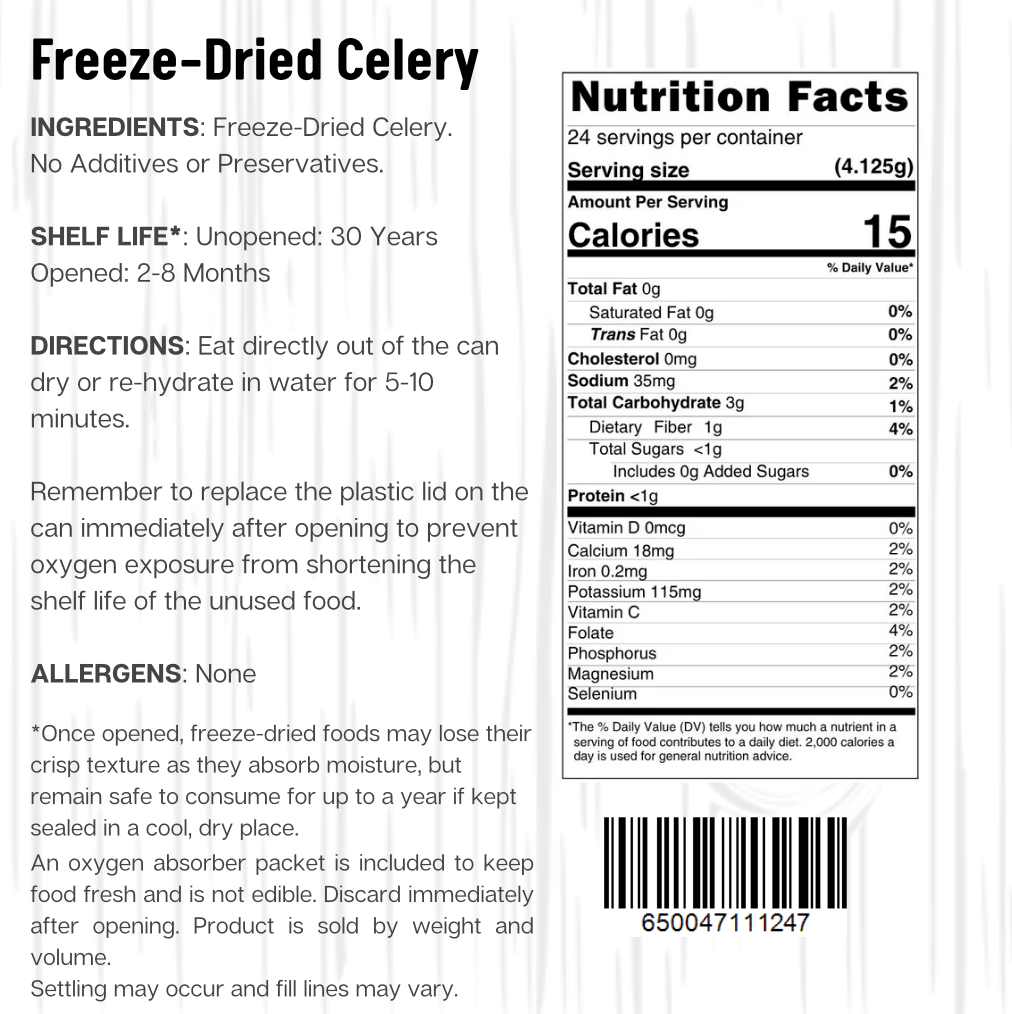 Ready Harvest Freeze-Dried Celery (30-Year Shelf Life)