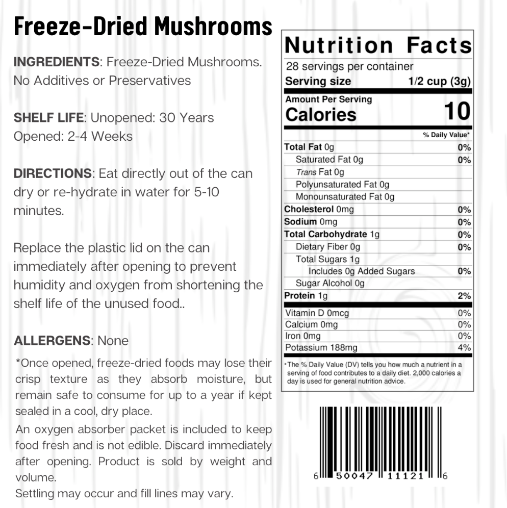 Ready Harvest Freeze-Dried Mushroom Slices (30-Year Shelf Life)