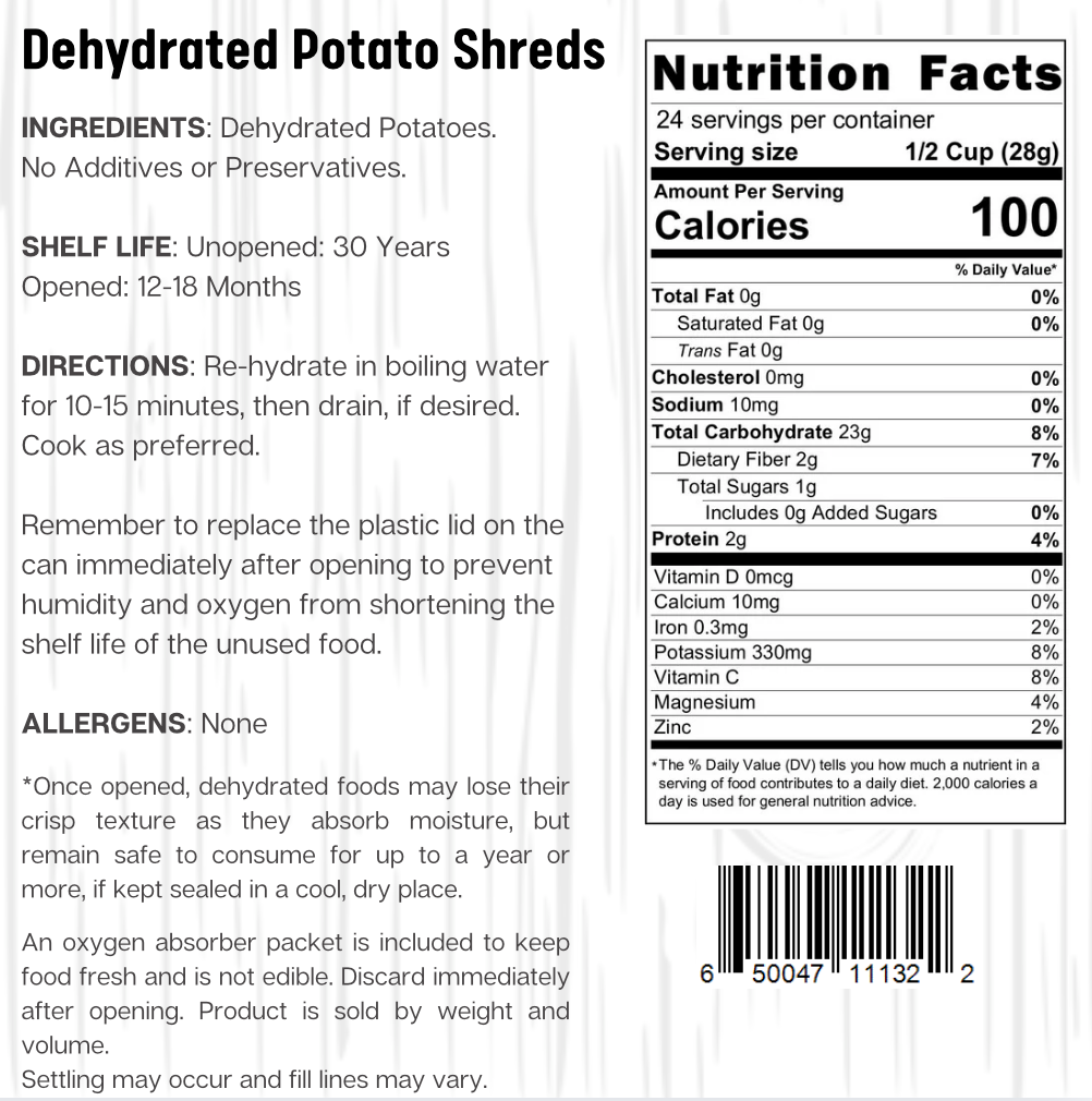 Ready Harvest Dehydrated Potato Shreds (30-Year Shelf Life)