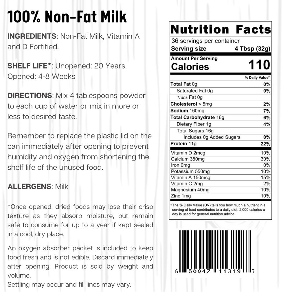 Ready Harvest 100% REAL Instant Non-Fat Milk (20-Year Shelf Life)