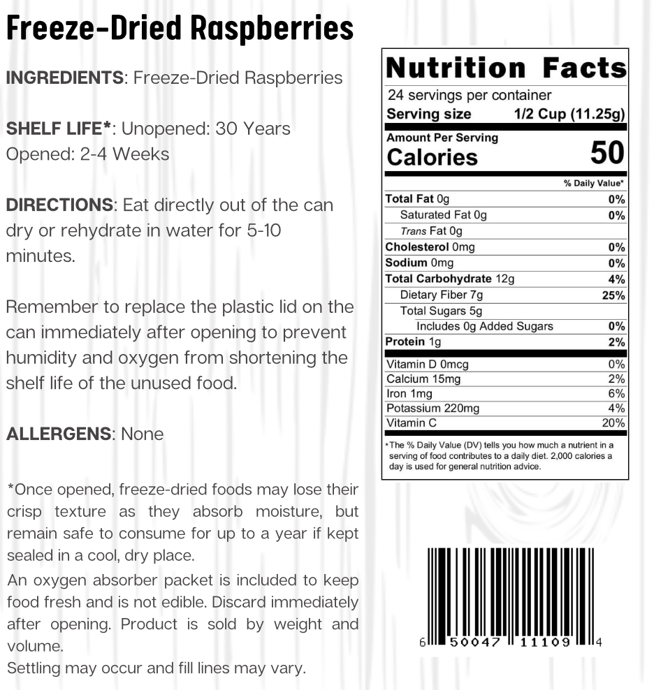 Ready Harvest Freeze-Dried Whole Raspberries (30-Year Shelf Life)