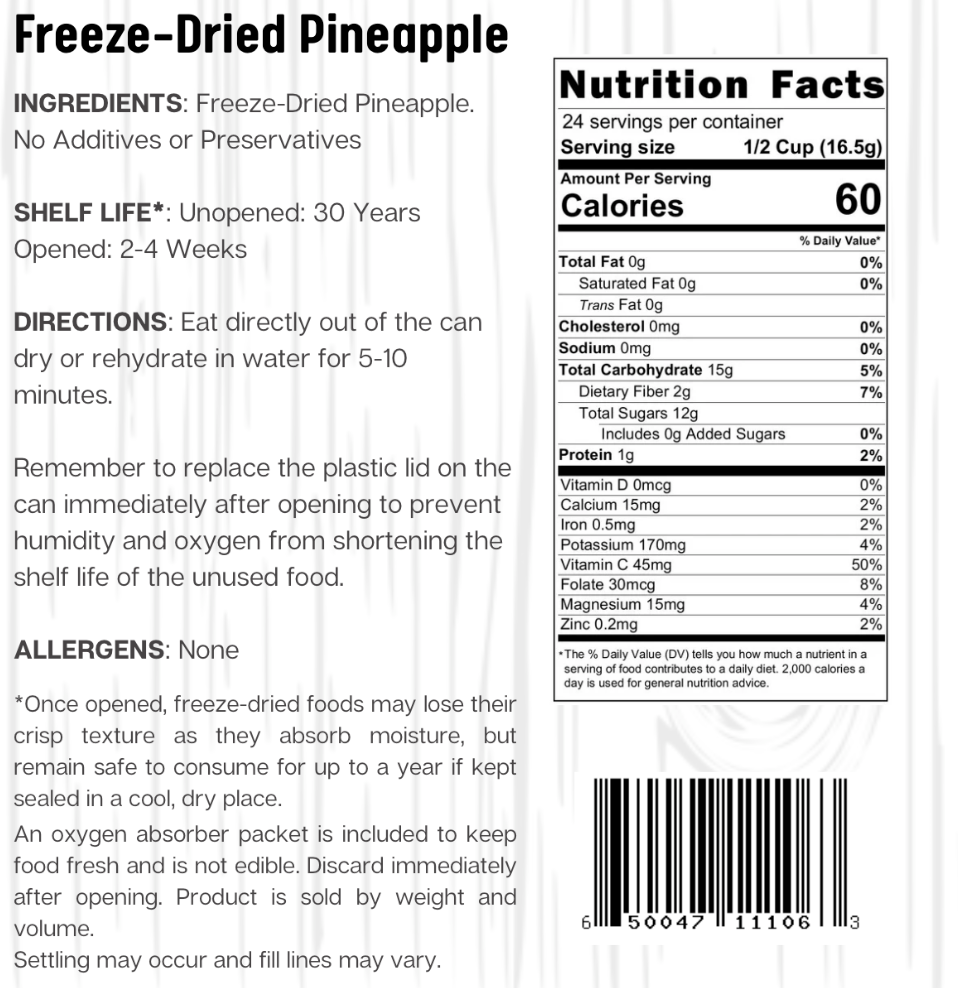 Ready Harvest Freeze-Dried Pineapple Chunks (30-Year Shelf Life)