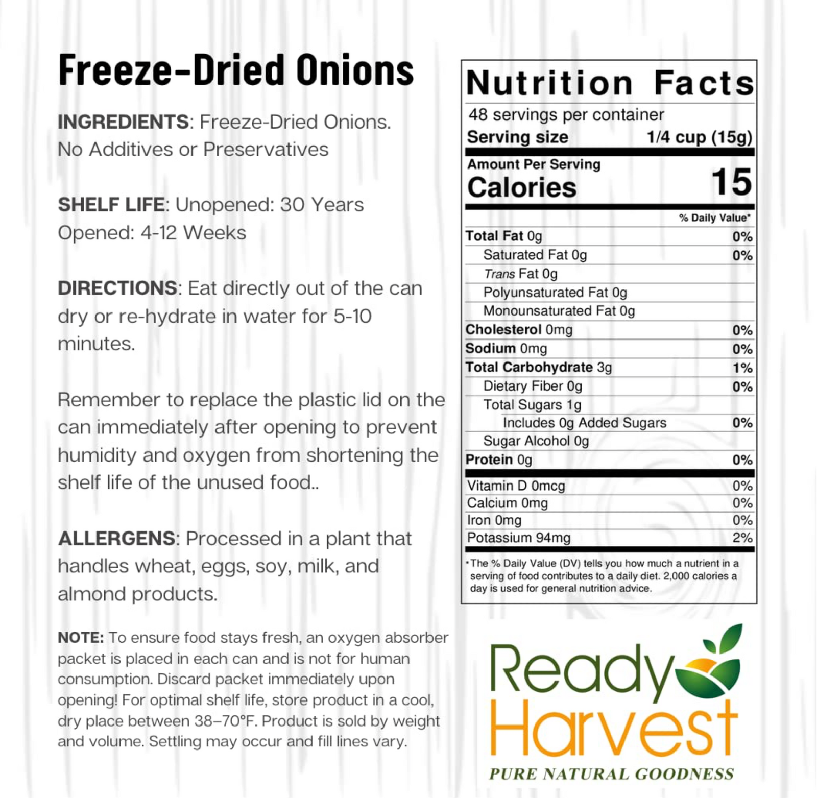 Ready Harvest Freeze-Dried Onions (30-Year Shelf Life)