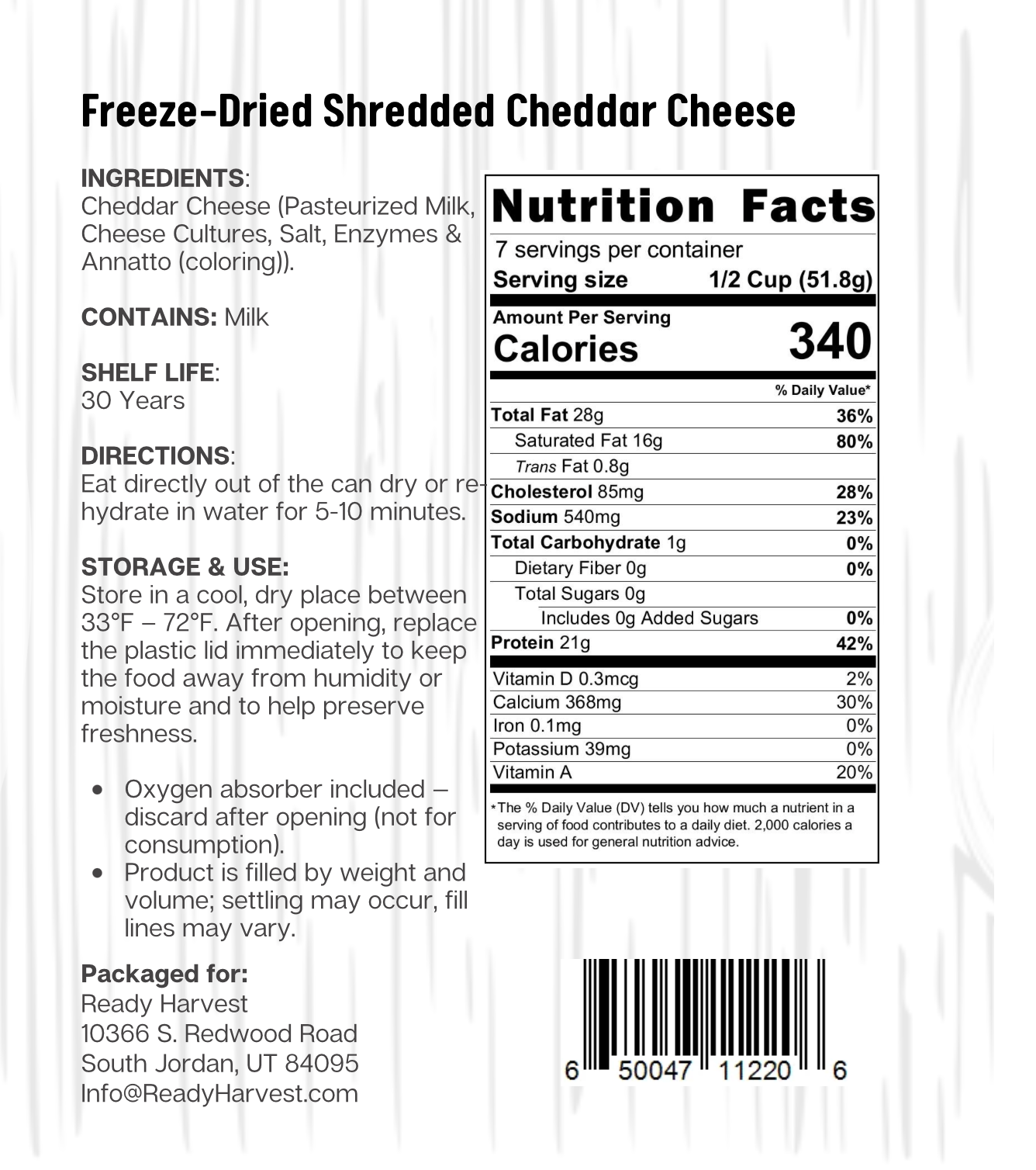 Ready Harvest Pantry Can – Freeze-Dried Shredded Cheddar Cheese (14.3 oz)