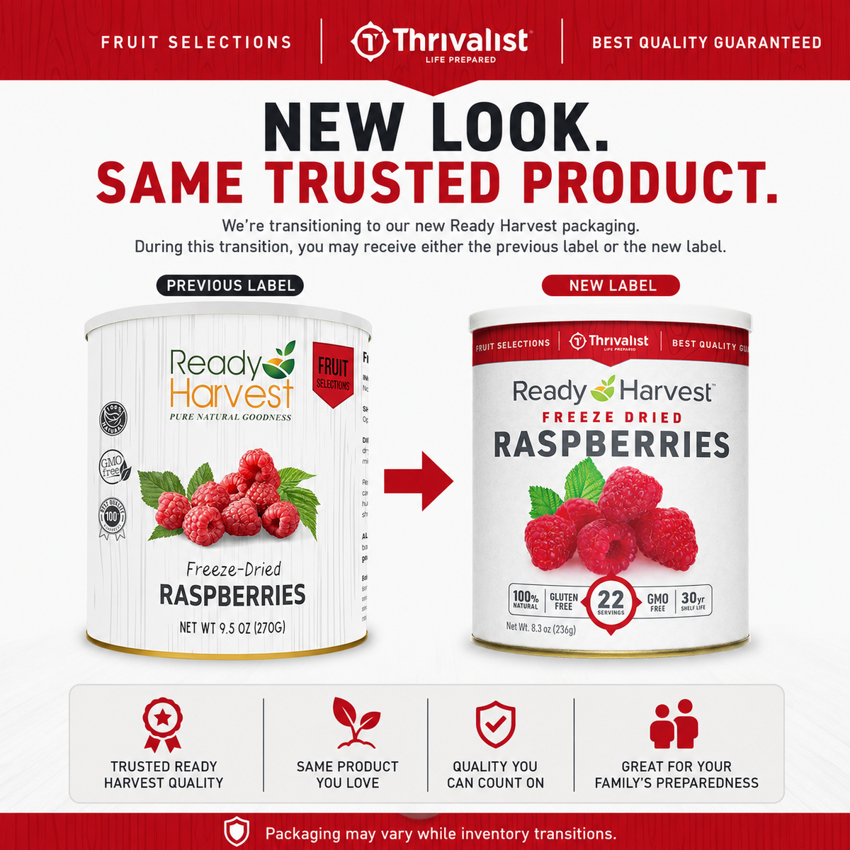 Ready Harvest Freeze-Dried Whole Raspberries (30-Year Shelf Life)